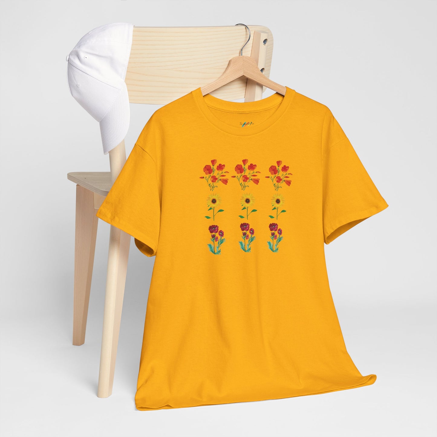 Floral Trio T-Shirt, California Poppies, Sunflowers, Trendy Casual Tee, Unisex Heavy Cotton, Summer Fashion
