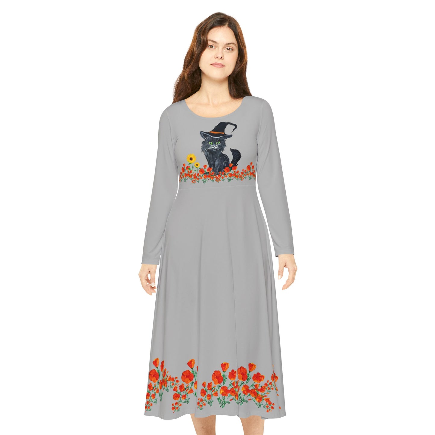 Women's Long Sleeve Witch Cat Dance Dress - Perfect for Halloween, Dance Events, Parties, Autumn Celebrations, Botanical Prints