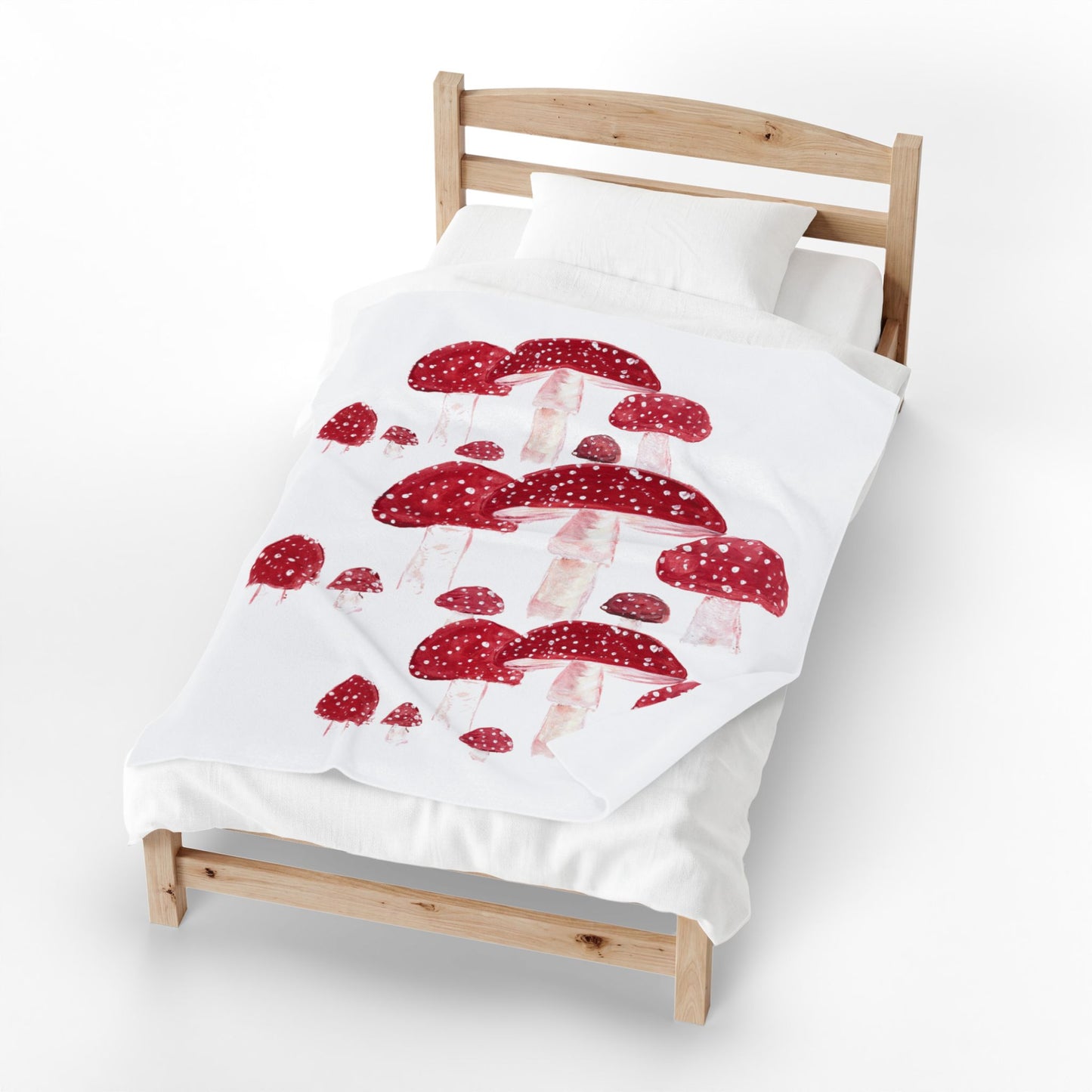 Red Mushrooms Illustration Velveteen Blanket | Watercolor Toadstools Pattern