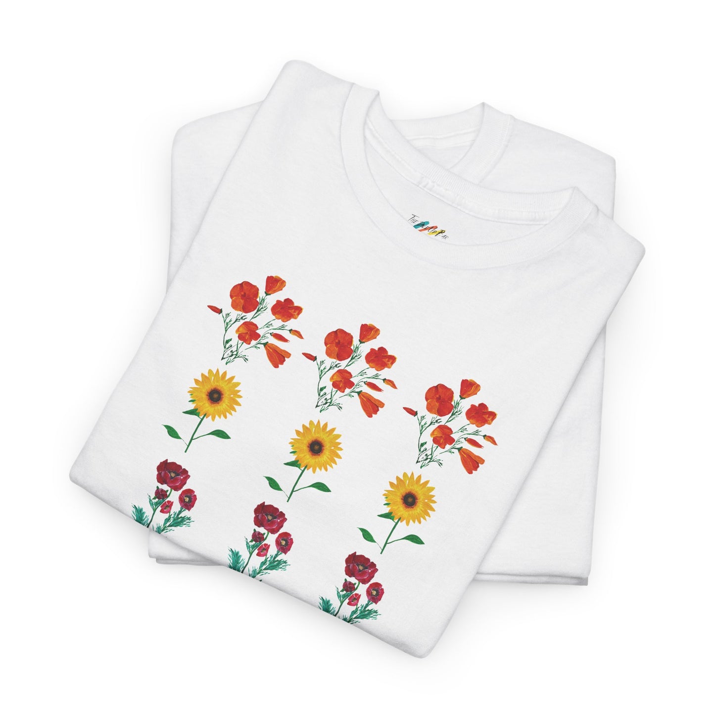 Floral Trio T-Shirt, California Poppies, Sunflowers, Trendy Casual Tee, Unisex Heavy Cotton, Summer Fashion