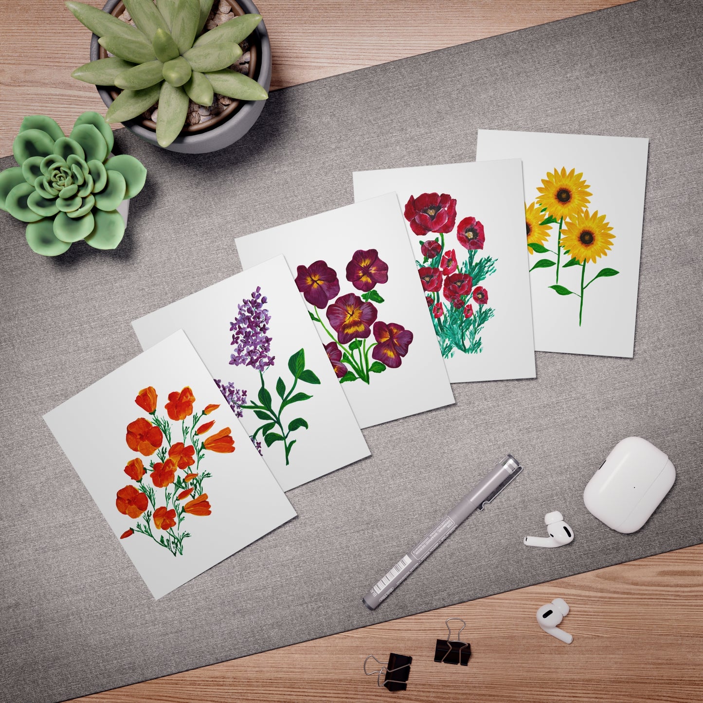 Greeting Card Set - Floral Designs with California Poppies, Pansies, Poppies, Lilacs, and Sunflowers (5-Pack)