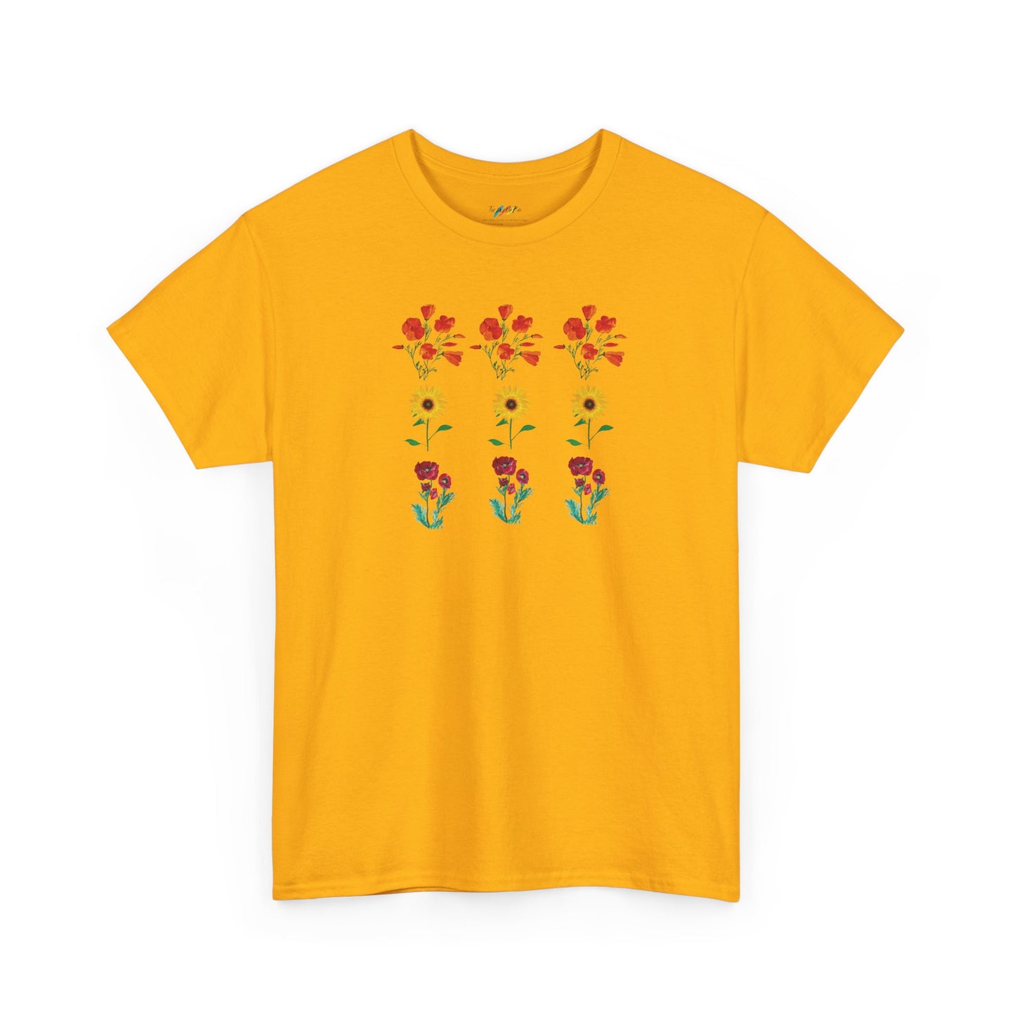 Floral Trio T-Shirt, California Poppies, Sunflowers, Trendy Casual Tee, Unisex Heavy Cotton, Summer Fashion