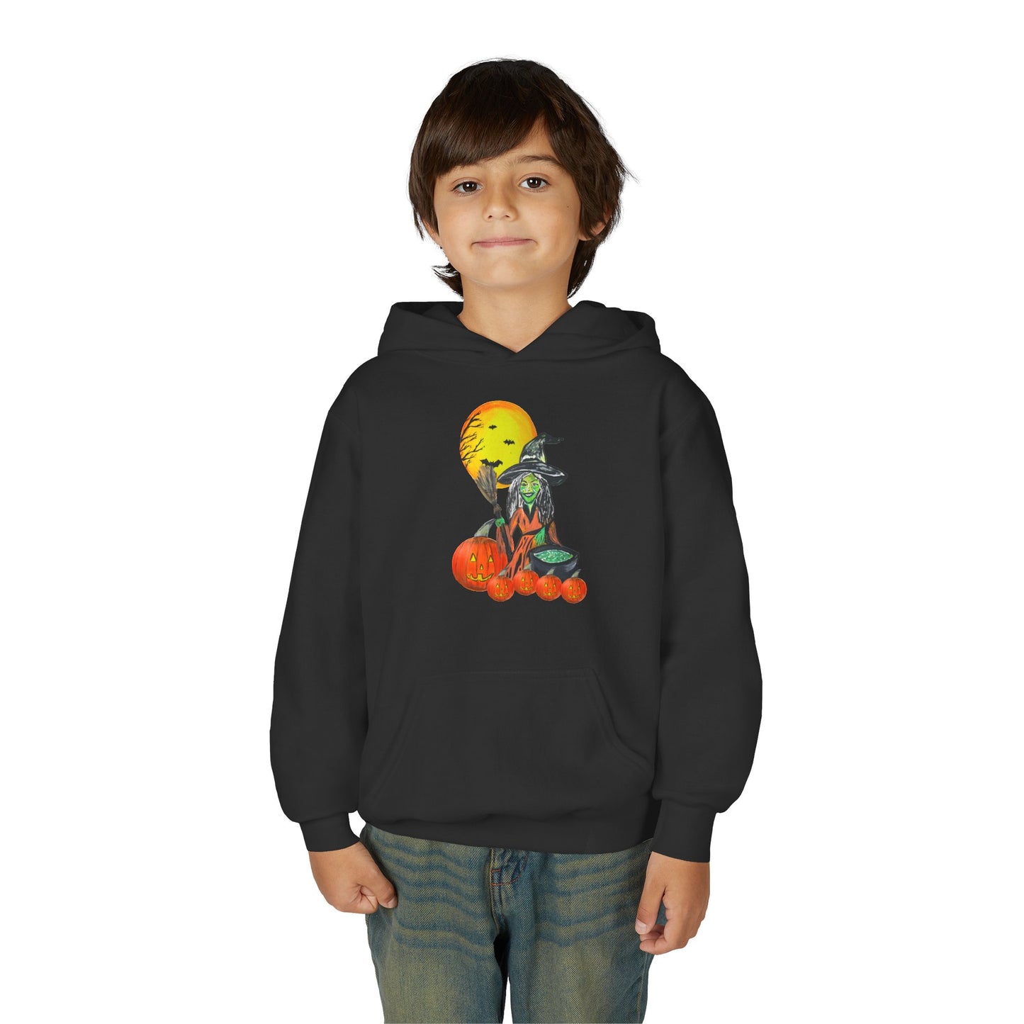 Spooky Pumpkin Witch Youth Hoodie | Halloween Sweatshirt, Fall Fashion, Cozy Outfit, Gift for Kids, Witch Costume