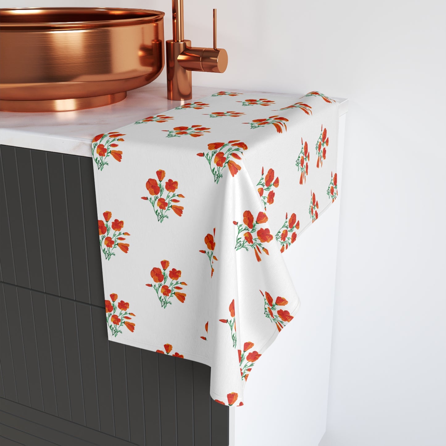 Floral Hand Towel, California Poppies Kitchen and Bath Decor, Gift for Her, Bathroom Accessory, Housewarming, Vibrant Towel