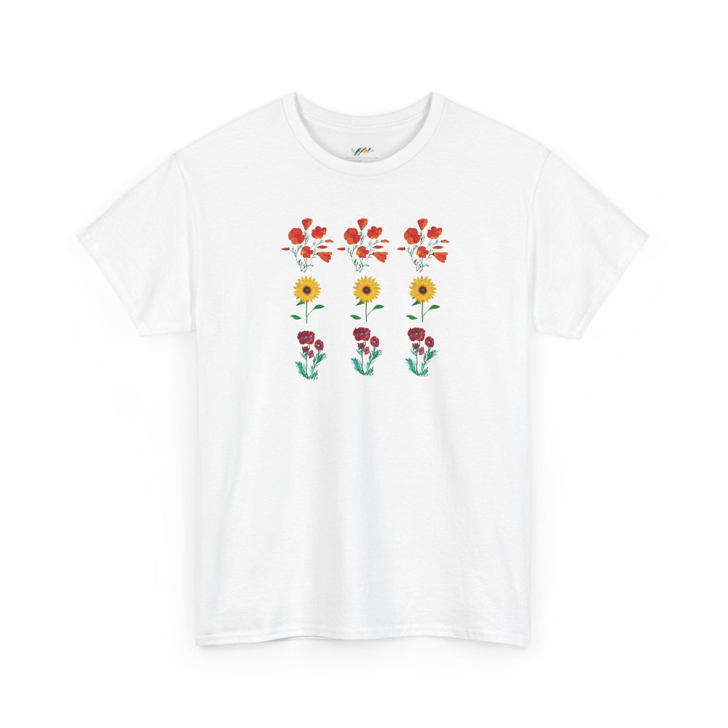Floral Trio T-Shirt, California Poppies, Sunflowers, Trendy Casual Tee, Unisex Heavy Cotton, Summer Fashion