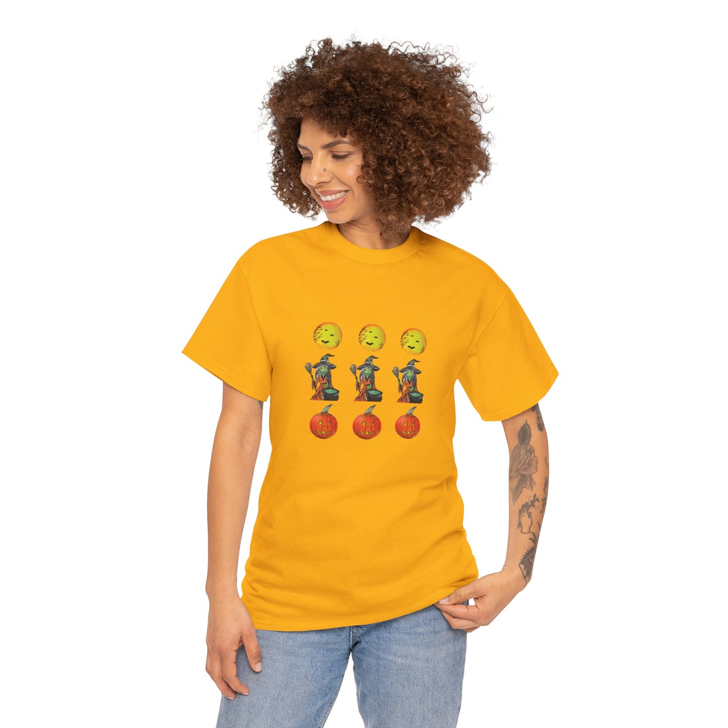 Halloween Tee - Moons, witches, and jacko'lanterns - Unisex Heavy Cotton
