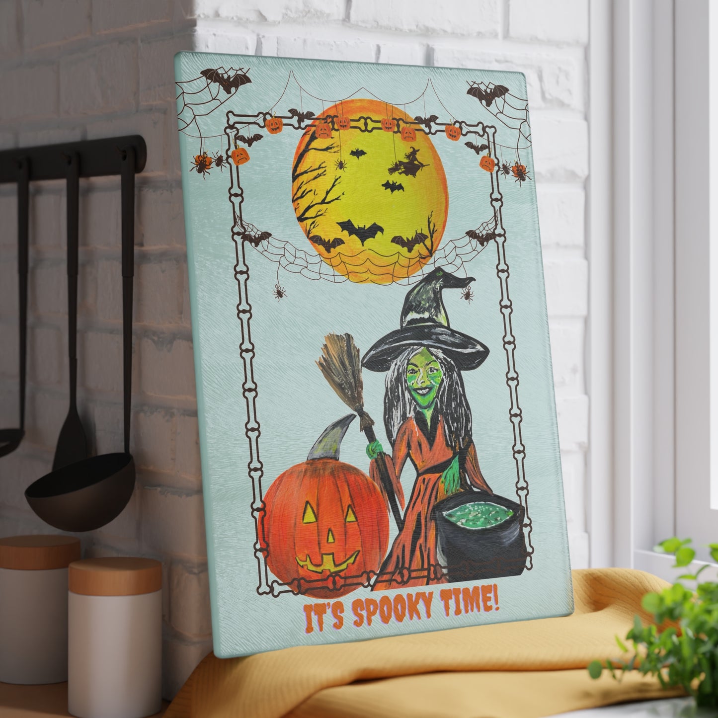Witch, Pumpkin & Full Moon Halloween Glass Cutting Board | Spooky Kitchen Decor
