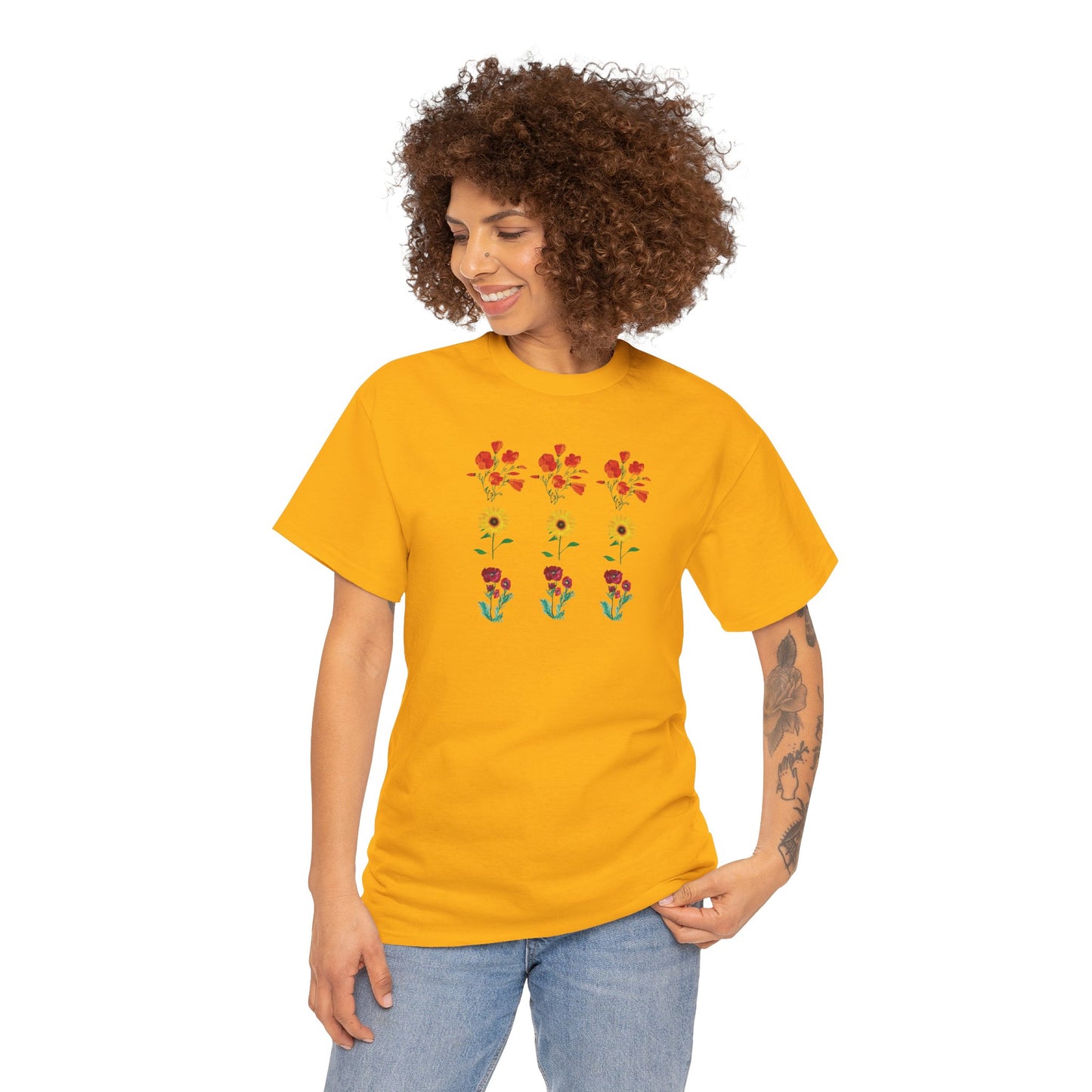 Floral Trio T-Shirt, California Poppies, Sunflowers, Trendy Casual Tee, Unisex Heavy Cotton, Summer Fashion