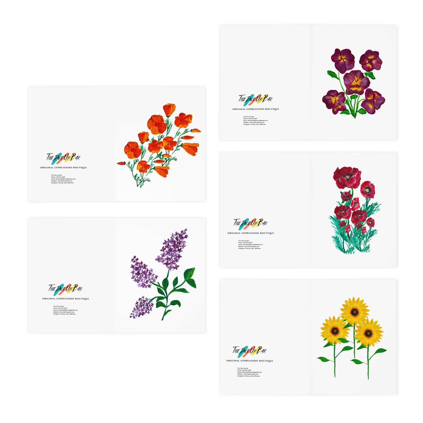 Greeting Card Set - Floral Designs with California Poppies, Pansies, Poppies, Lilacs, and Sunflowers (5-Pack)