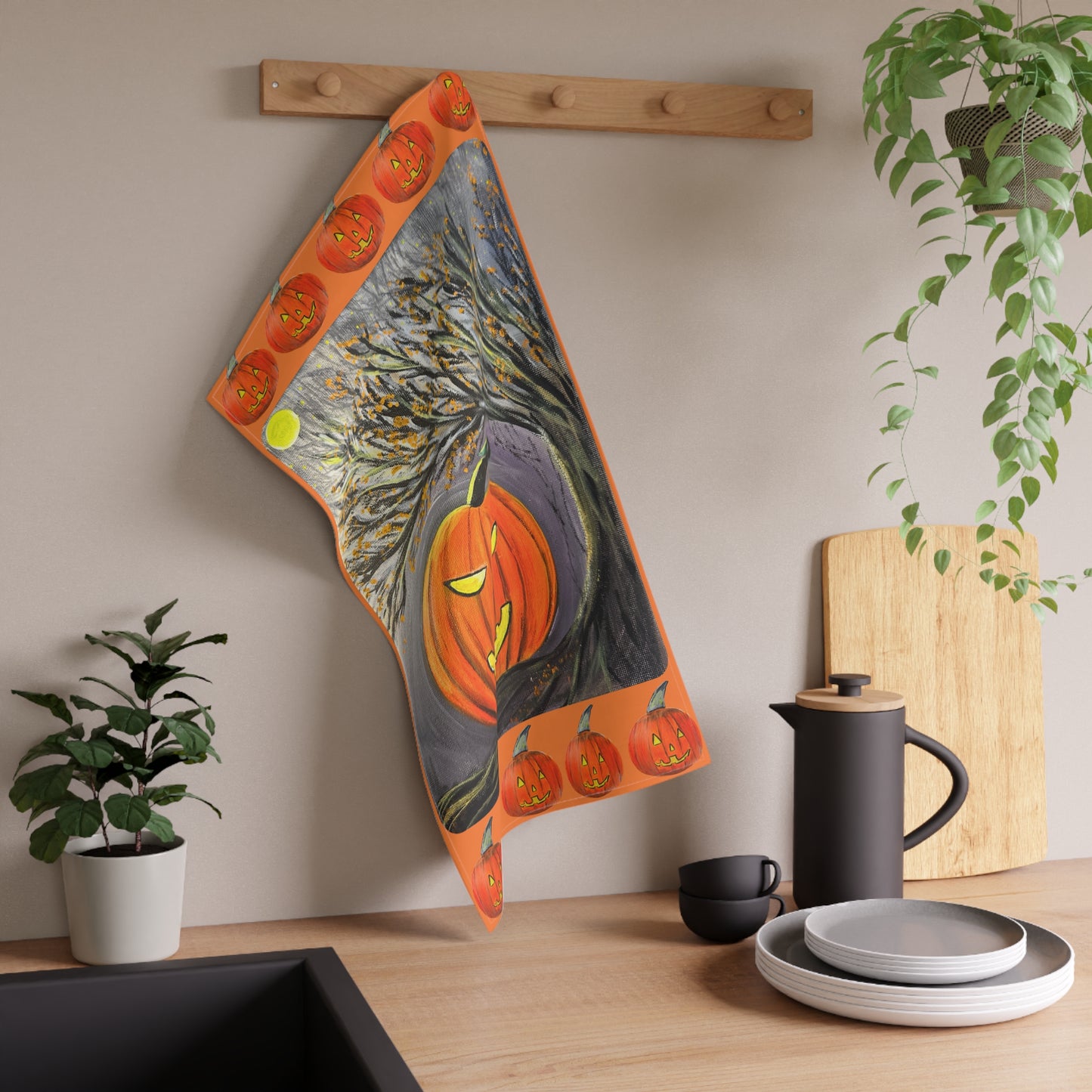 Jack-O'-Lantern Pumpkin Halloween Tea Towel | Spooky Pumpkin Kitchen Towel