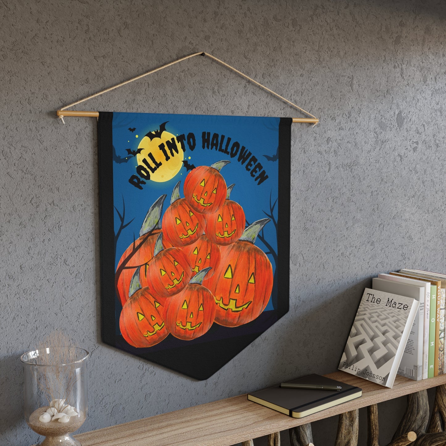 Roll Into Halloween Pennant | Jack-o'-Lantern Pumpkin Stack Wall Banner