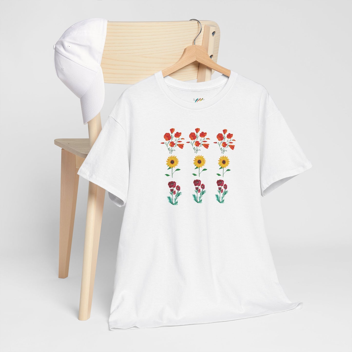 Floral Trio T-Shirt, California Poppies, Sunflowers, Trendy Casual Tee, Unisex Heavy Cotton, Summer Fashion