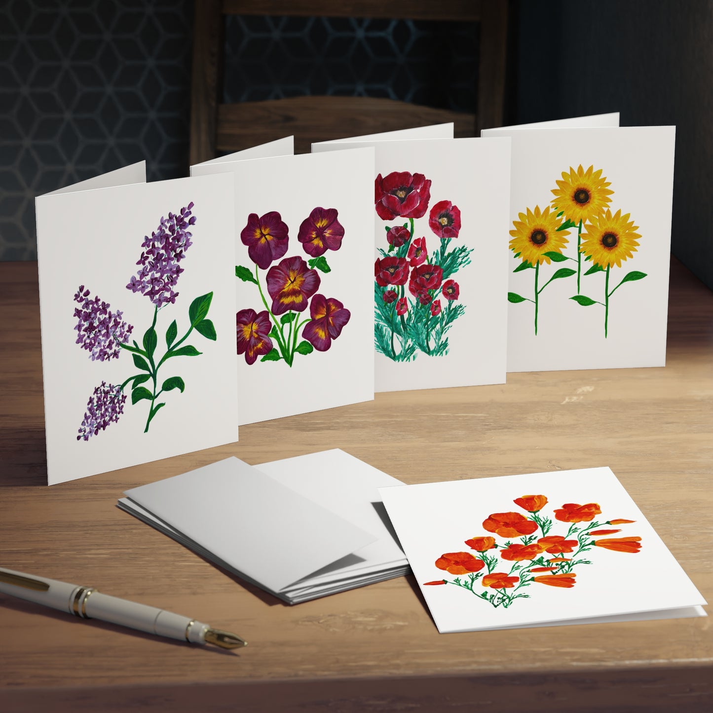 Greeting Card Set - Floral Designs with California Poppies, Pansies, Poppies, Lilacs, and Sunflowers (5-Pack)