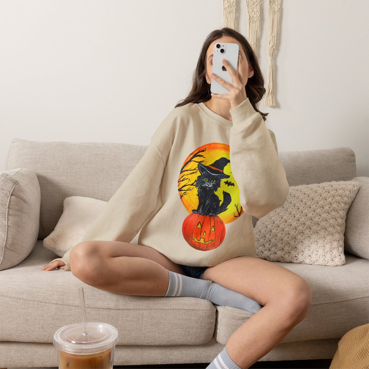 Witch Cat on Pumpkin Crewneck Sweatshirt | Halloween Black Cat Moon