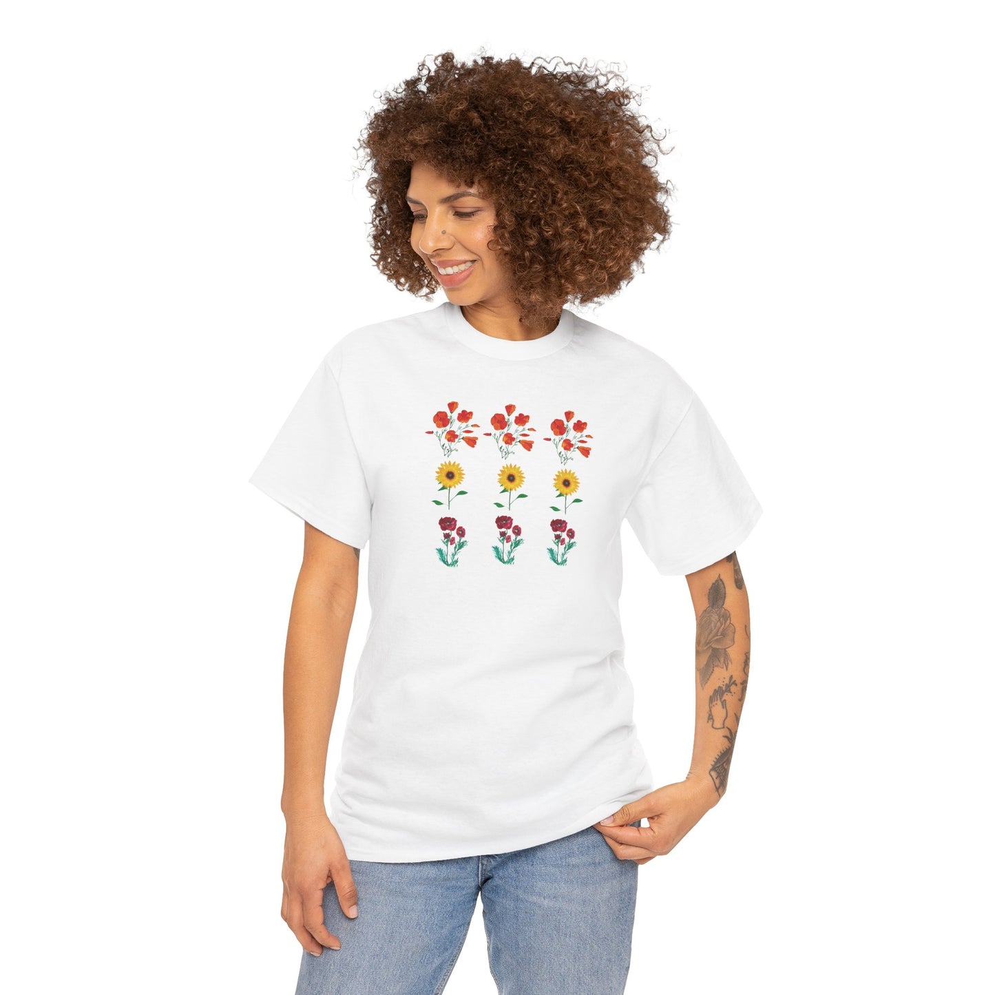 Floral Trio T-Shirt, California Poppies, Sunflowers, Trendy Casual Tee, Unisex Heavy Cotton, Summer Fashion