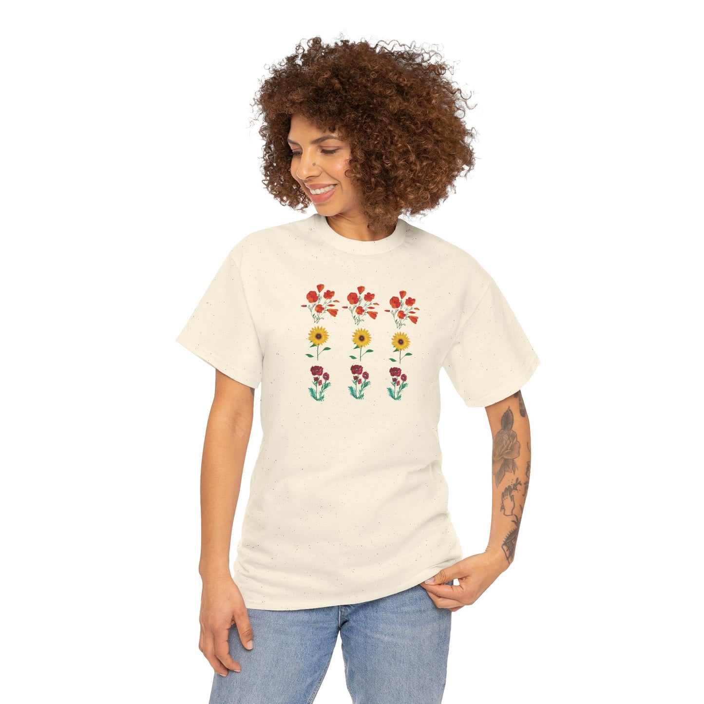 Floral Trio T-Shirt, California Poppies, Sunflowers, Trendy Casual Tee, Unisex Heavy Cotton, Summer Fashion
