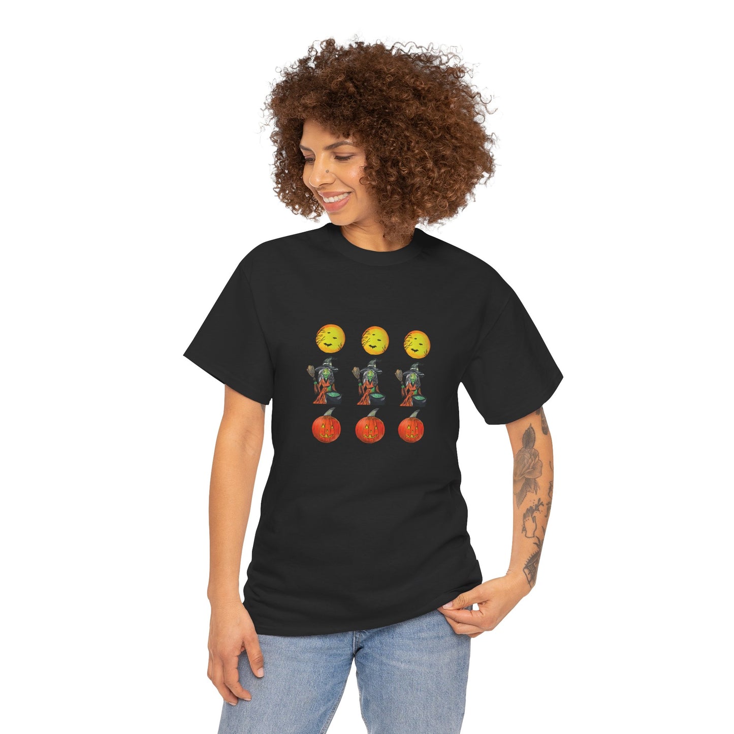 Halloween Tee - Moons, witches, and jacko'lanterns - Unisex Heavy Cotton