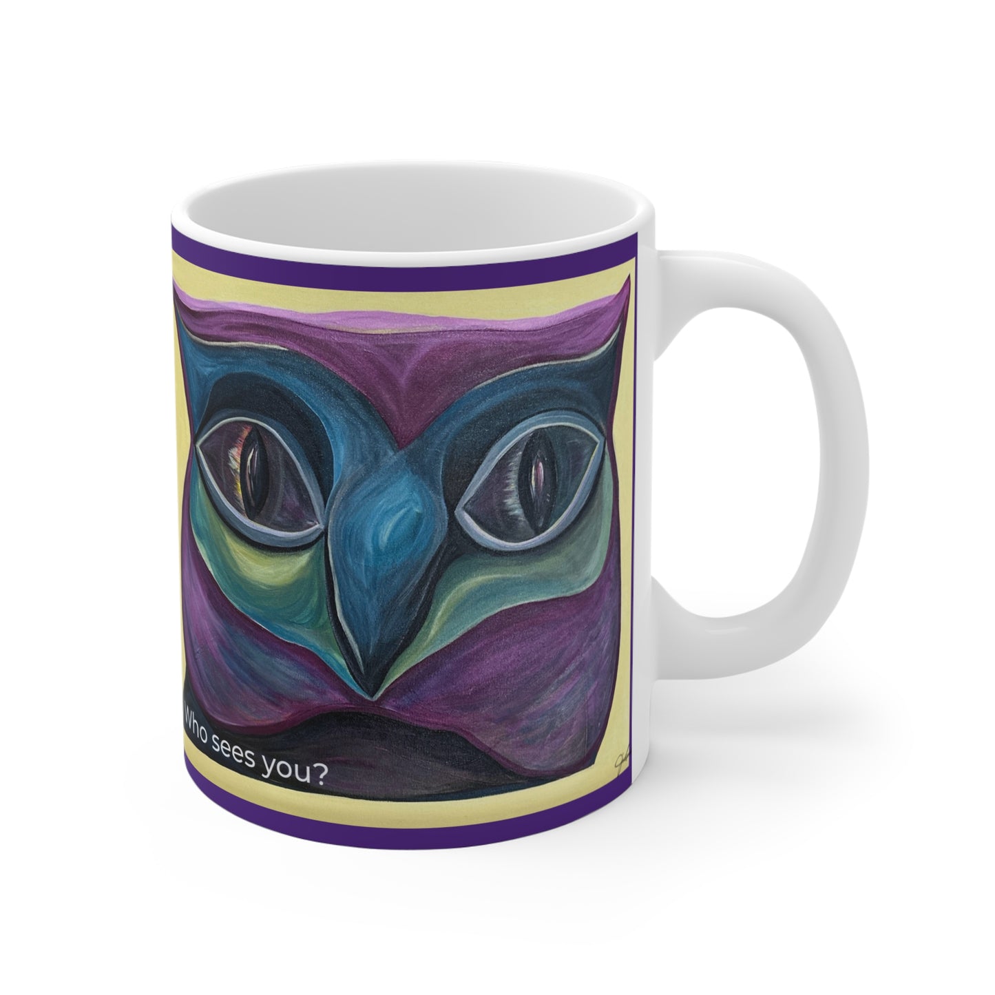 Colorful Owl Face Mug | Abstract Night Owl Art, Purple Teal Ceramic