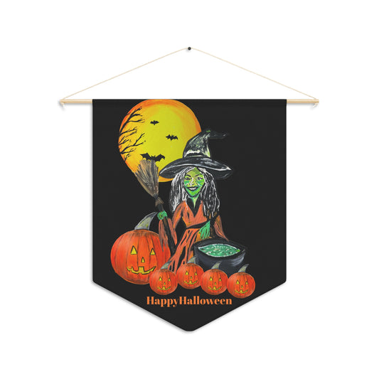 Witch with Pumpkins Pennant | Halloween Banner, Spooky Moon Decor