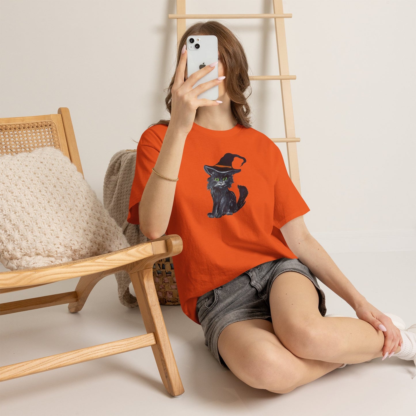 Black Cat in Witch Hat T-Shirt | Halloween Kitty Illustration