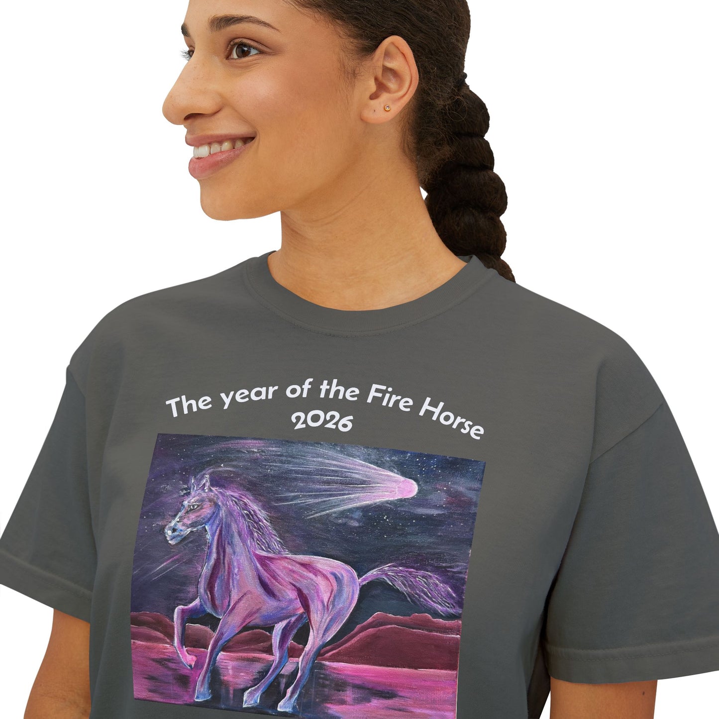 Year of the Fire Horse 2026 Women's Boxy Tee | Cosmic Colorful Fire Horse Design