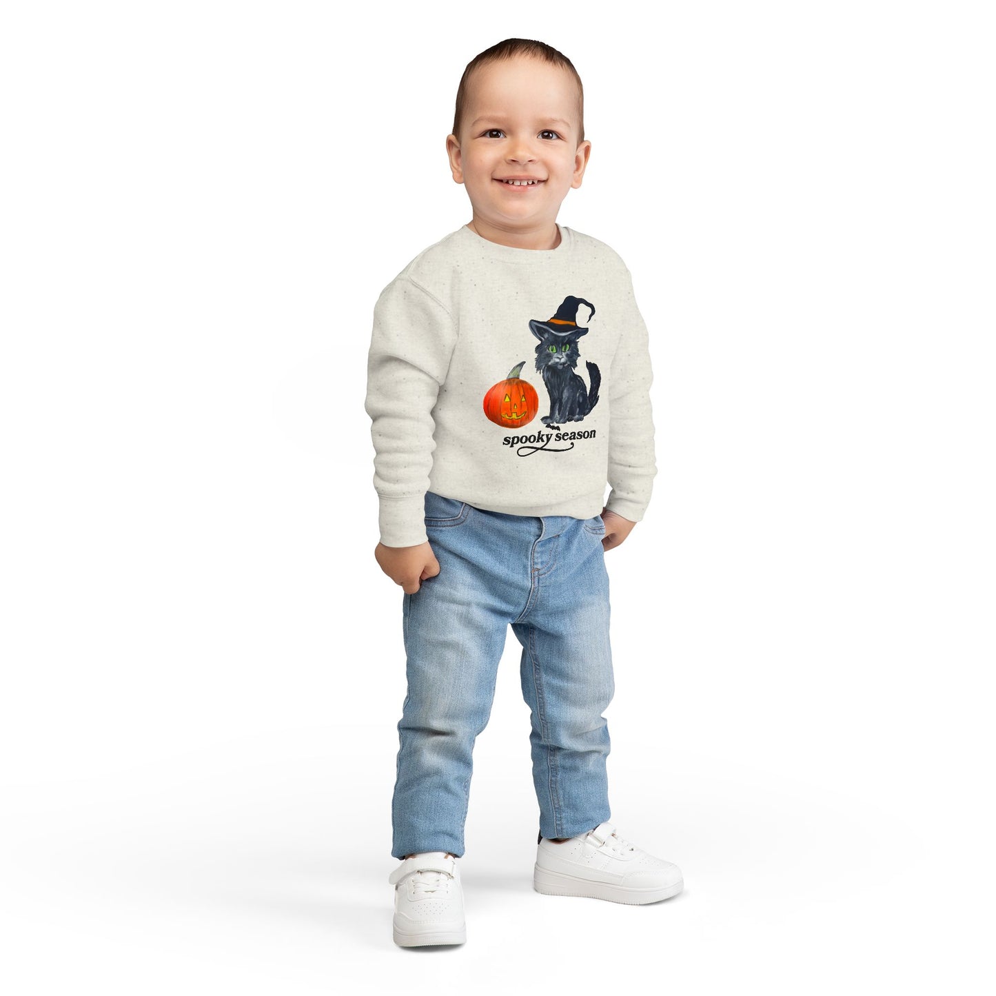 Spooky Season Toddler Sweatshirt, Cute Halloween Sweatshirt, Kids Fall Fashion, Black Cat Design, Pumpkin & Witch Hat