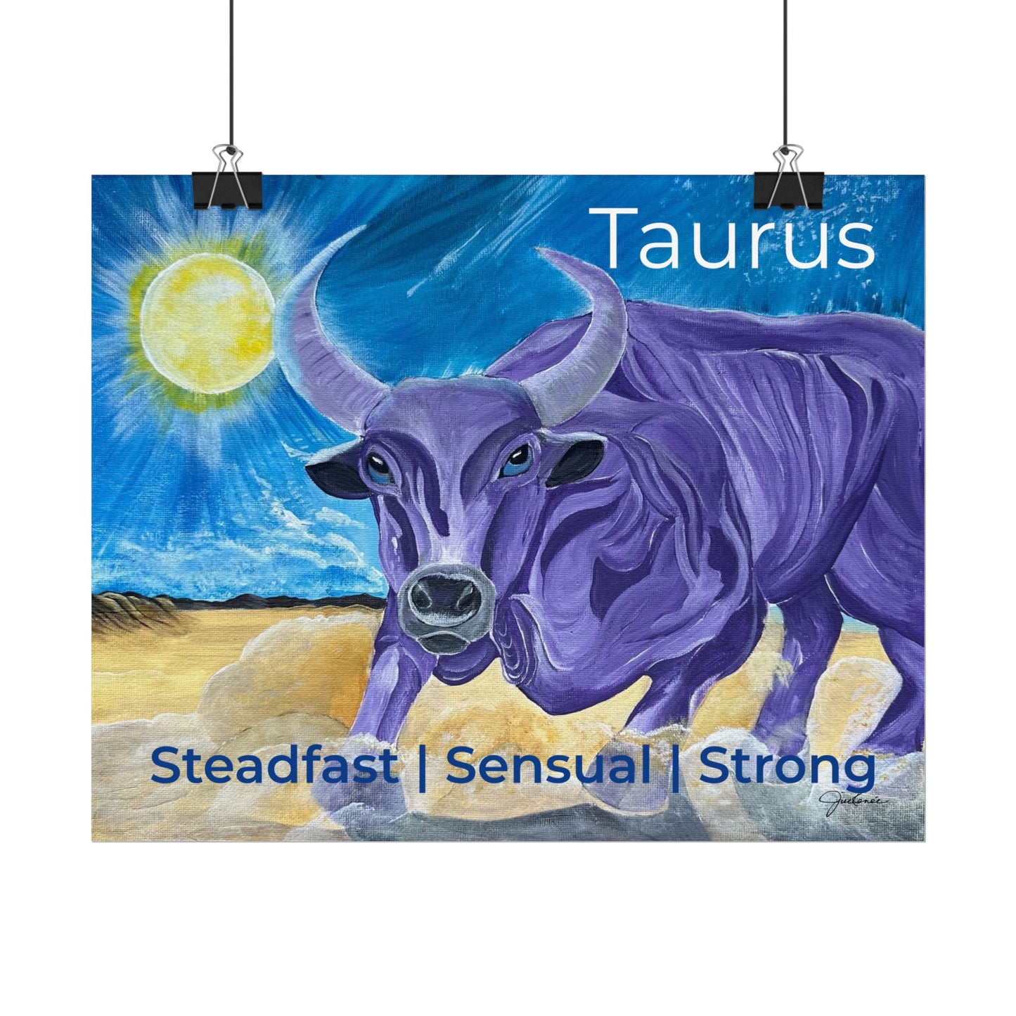 Taurus Purple Bull Artwork Poster | Surreal Zodiac Illustration, Sunlit Landscape