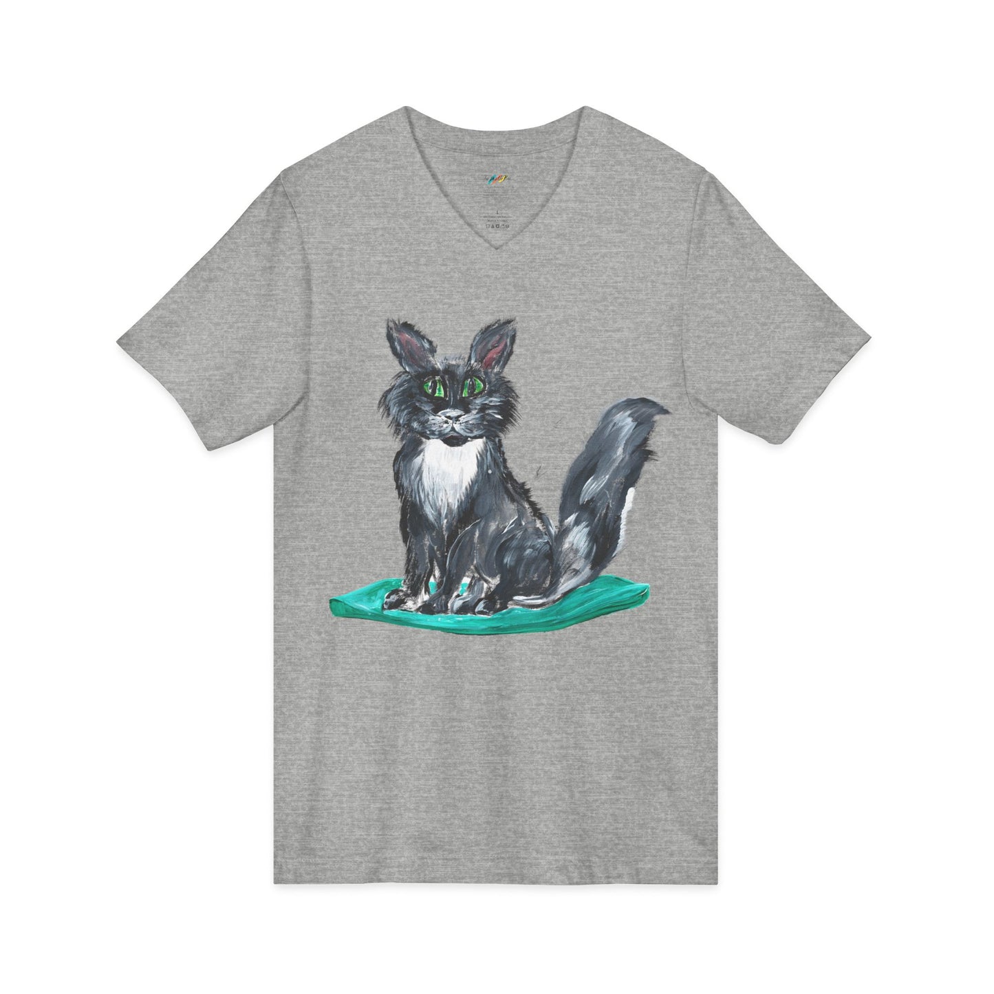 Black and White Kitten Cat Illustration Tee | Hand painted Cat on Green Pillow V-Neck