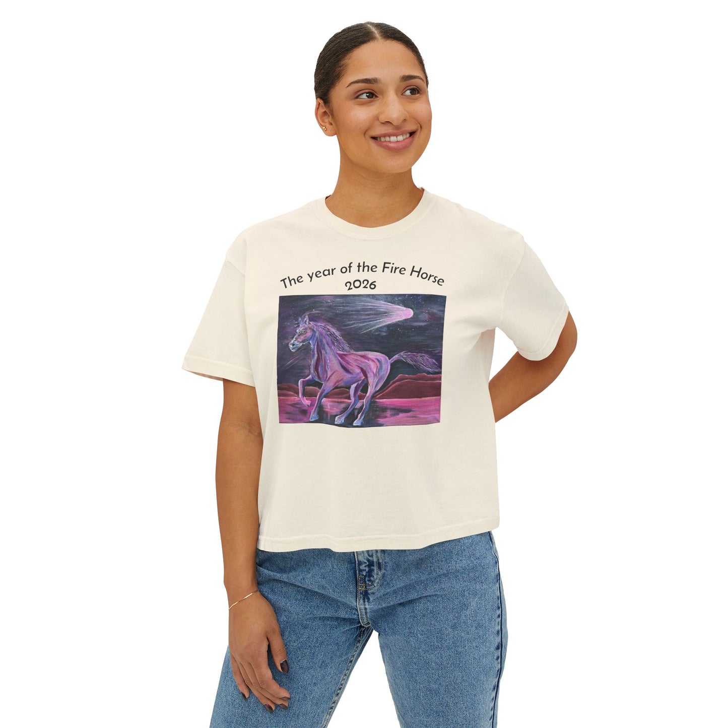 Year of the Fire Horse 2026 Women's Boxy Tee | Cosmic Colorful Fire Horse Design