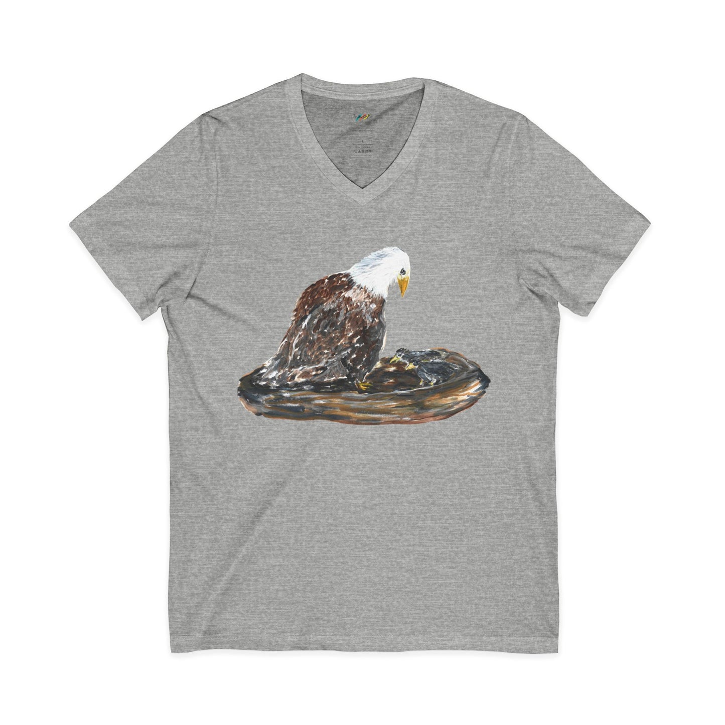 Bald Eagle on Nest with Eaglets V-Neck Tee | Wildlife Bird Illustration