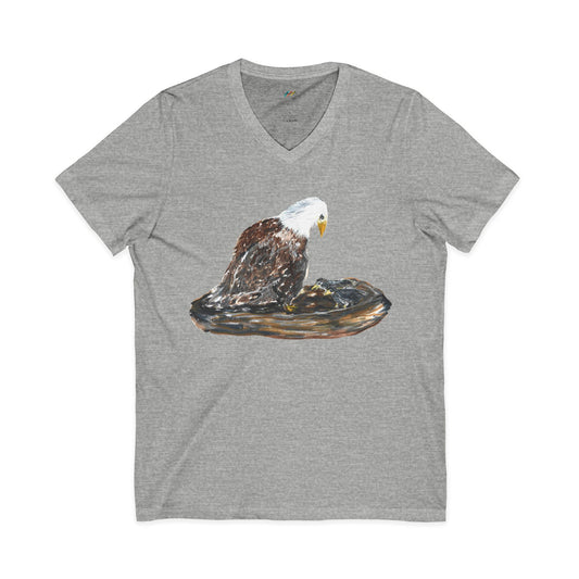 Bald Eagle on Nest with Eaglets V-Neck Tee | Wildlife Bird Illustration