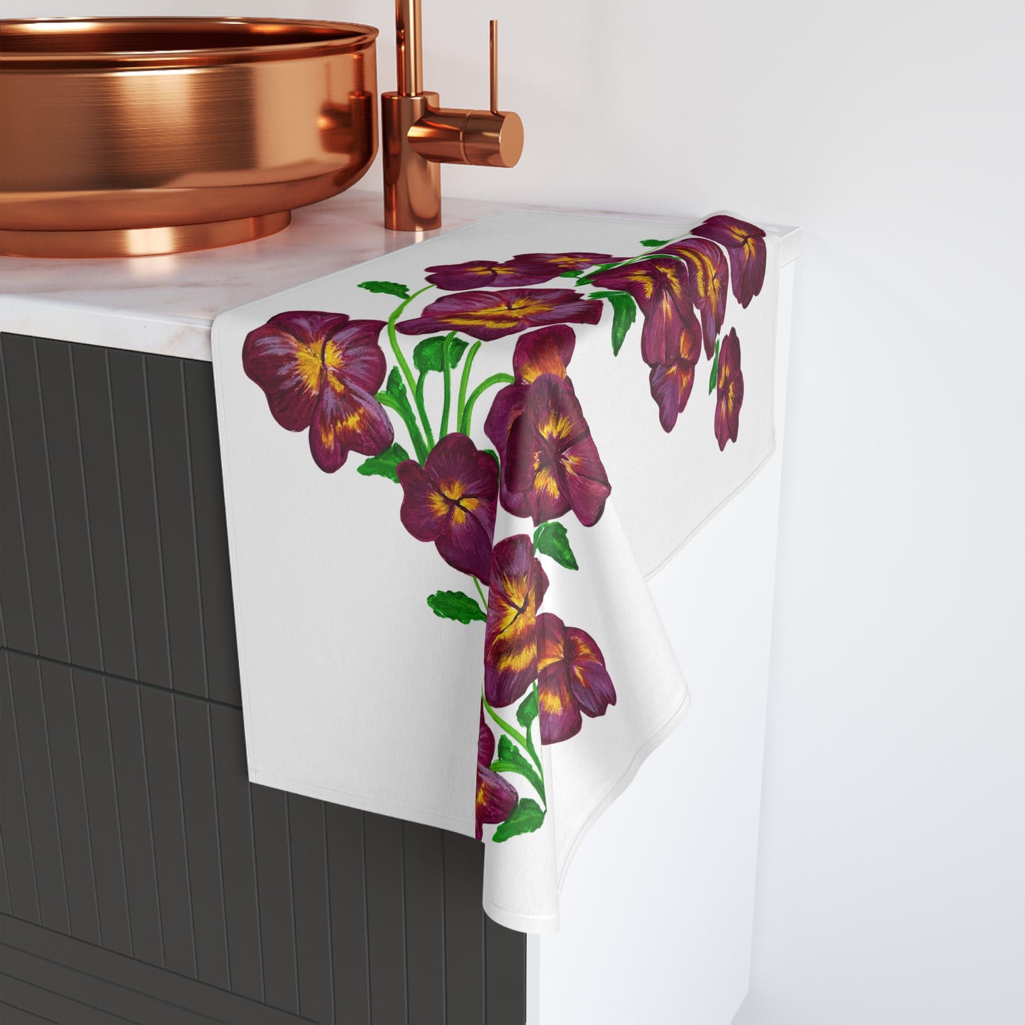 Floral Hand Towel with Vibrant Pansies, Kitchen Decor, Gift for Her, Bathroom Accessory, Spring Decor, Perfect for Housewarming