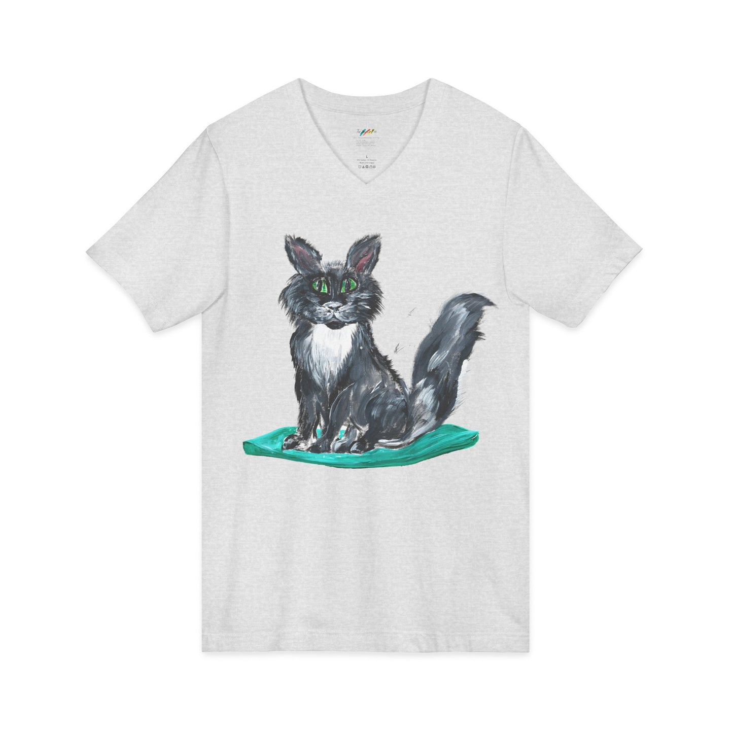 Black and White Kitten Cat Illustration Tee | Hand painted Cat on Green Pillow V-Neck