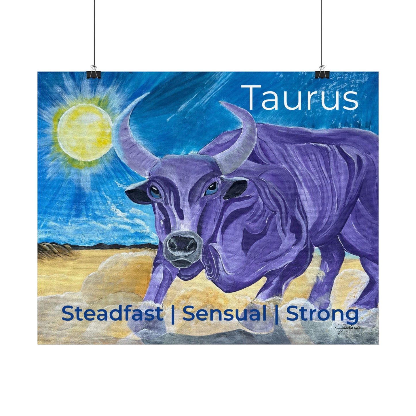 Taurus Purple Bull Artwork Poster | Surreal Zodiac Illustration, Sunlit Landscape