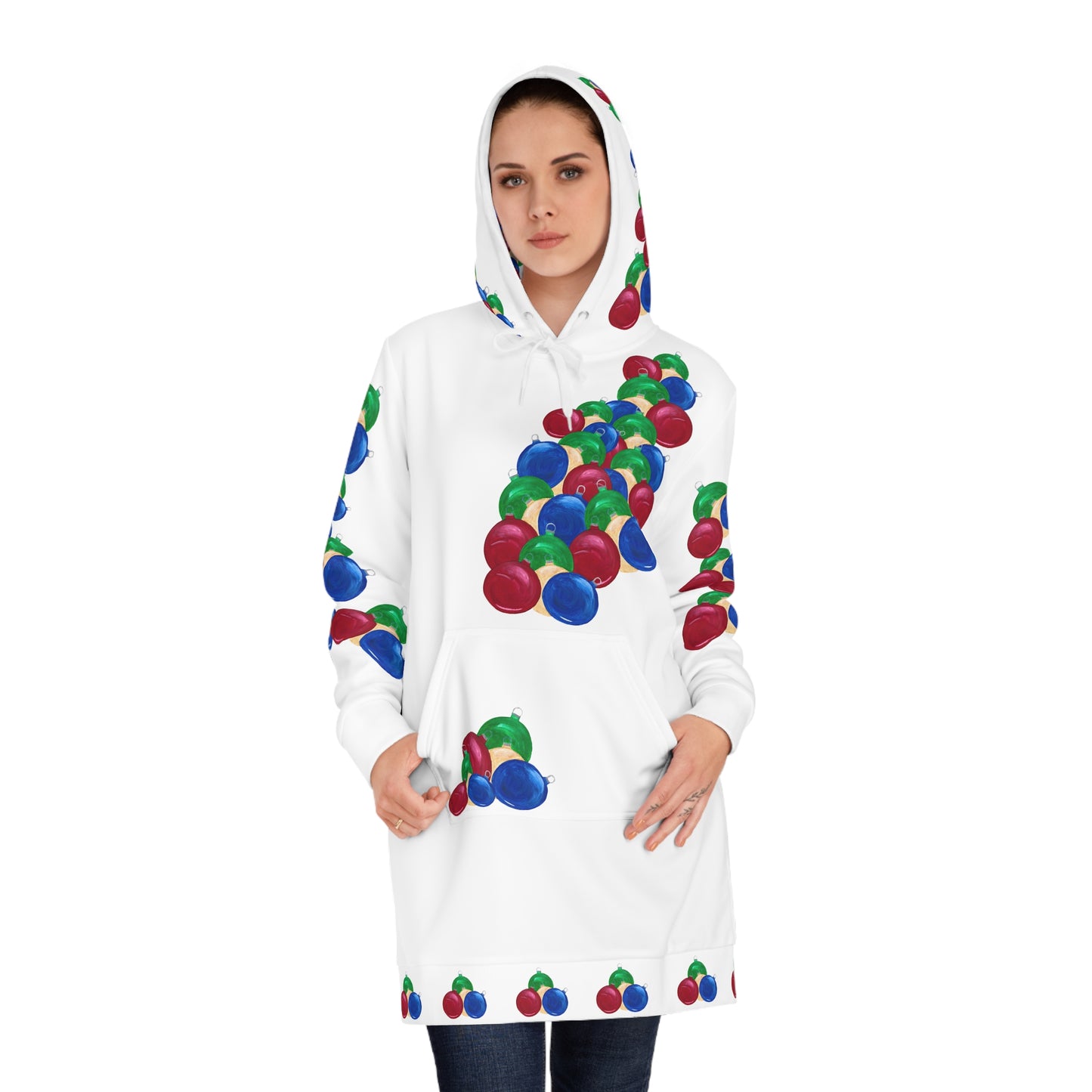 Colorful Ornament Print Women's Hoodie Dress | Festive Holiday Wear Christmas, New Year Dress it up, Cozy Winter Dress, Christmas Party