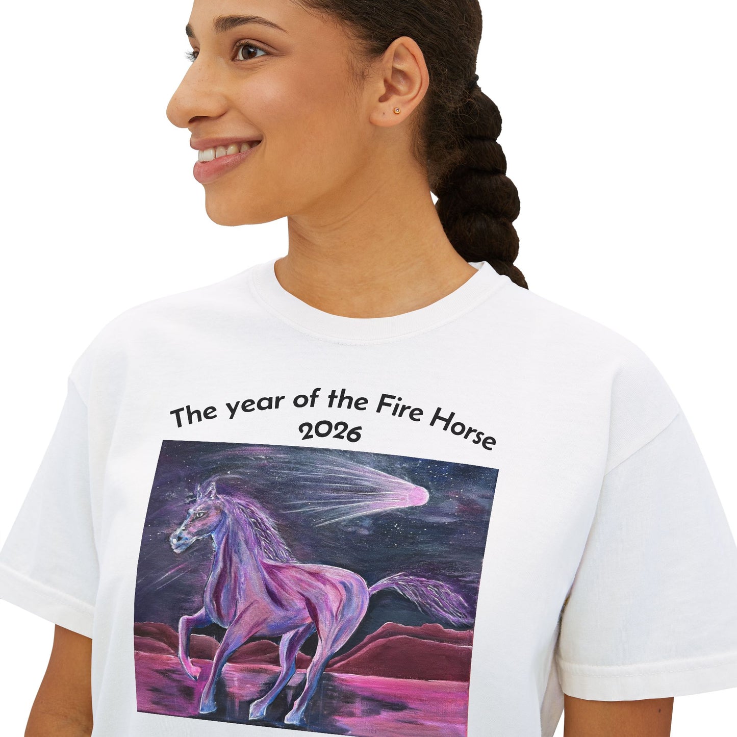 Year of the Fire Horse 2026 Women's Boxy Tee | Cosmic Colorful Fire Horse Design
