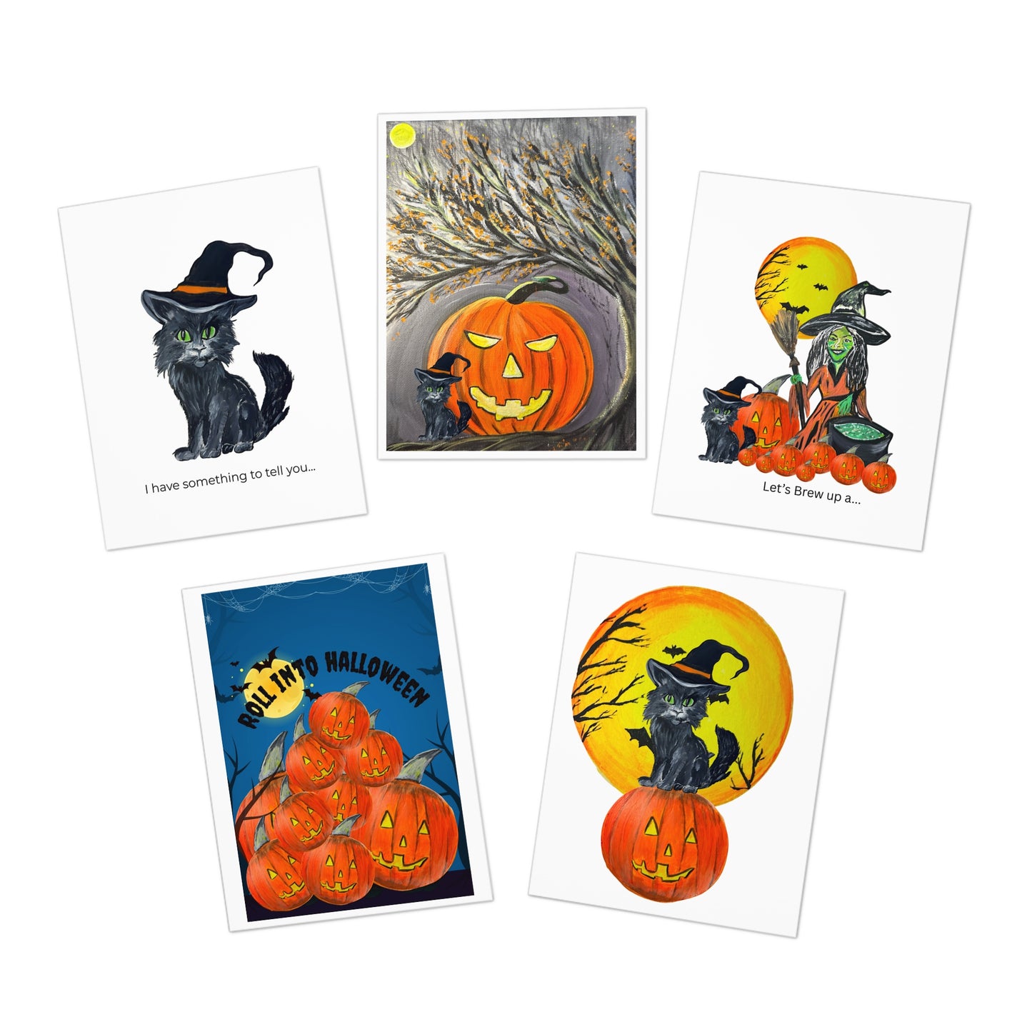 Halloween Cat Greeting Cards – 5-Pack Assorted Spooky Pumpkin Designs