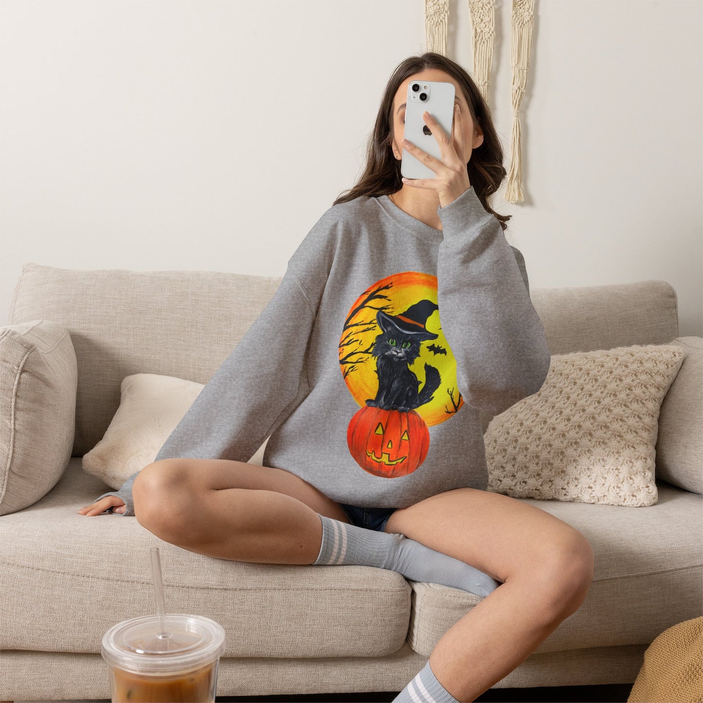 Witch Cat on Pumpkin Crewneck Sweatshirt | Halloween Black Cat Moon