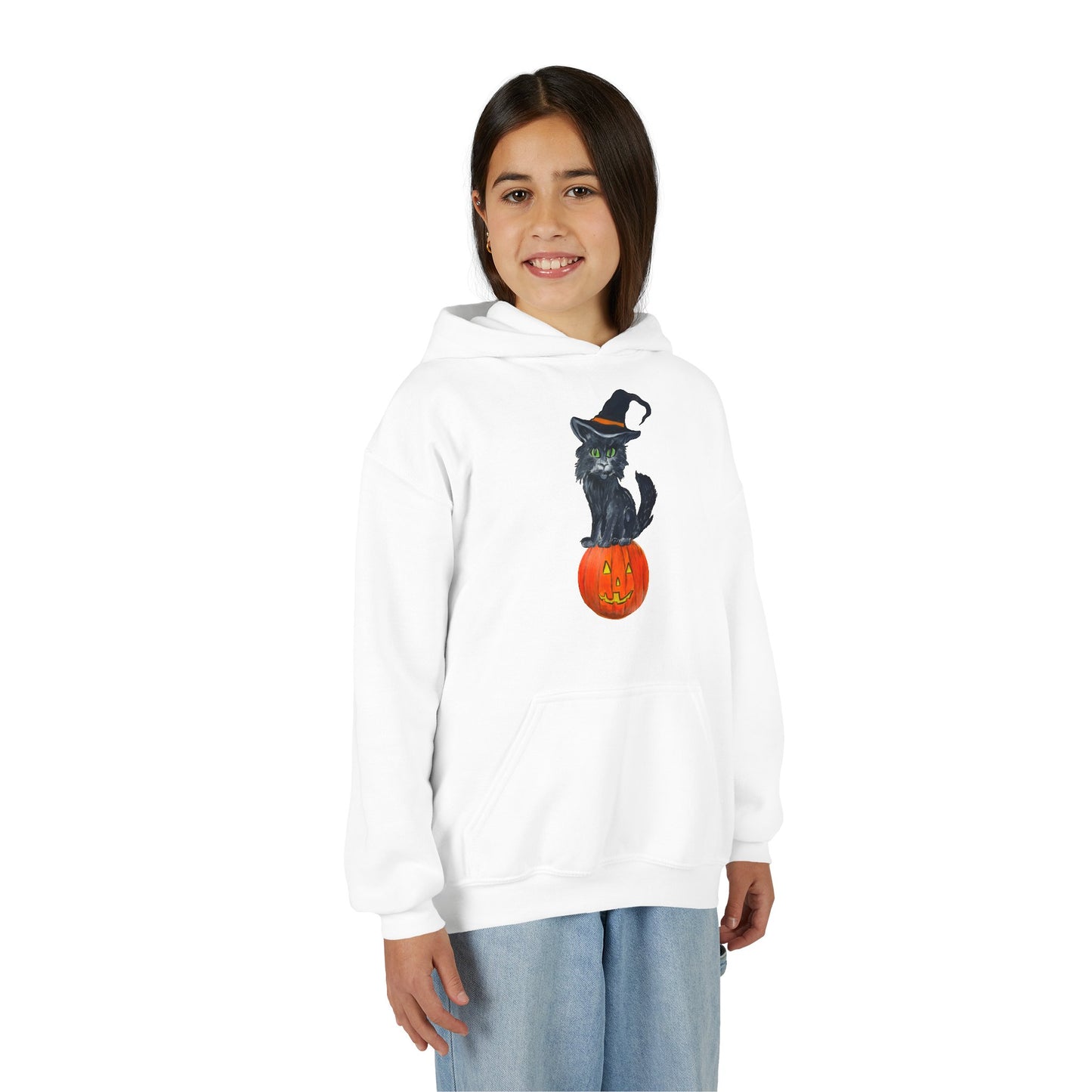 Black Cat Witch on Pumpkin Youth Hoodie | Halloween Kids Sweatshirt