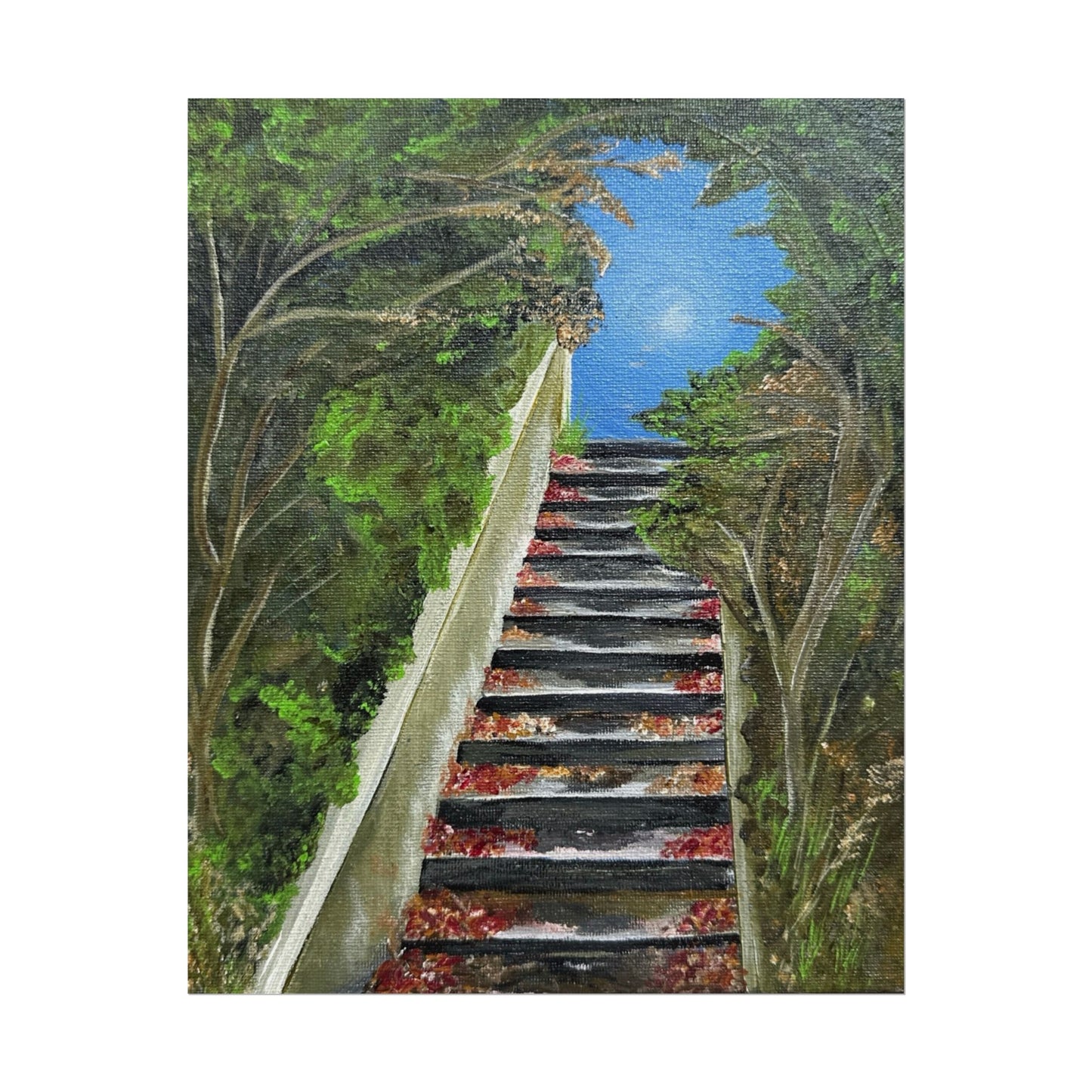 A Path from the Sea Poster | Forest Path Steps, Blue sky from original Acrylic on Canvas