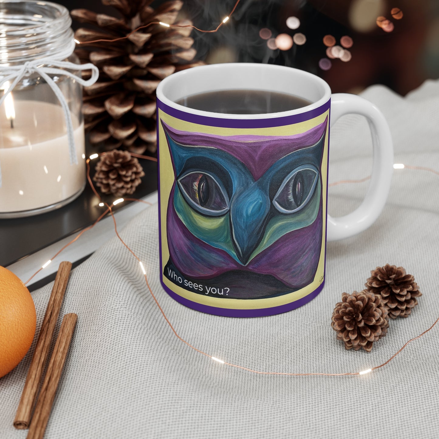 Colorful Owl Face Mug | Abstract Night Owl Art, Purple Teal Ceramic