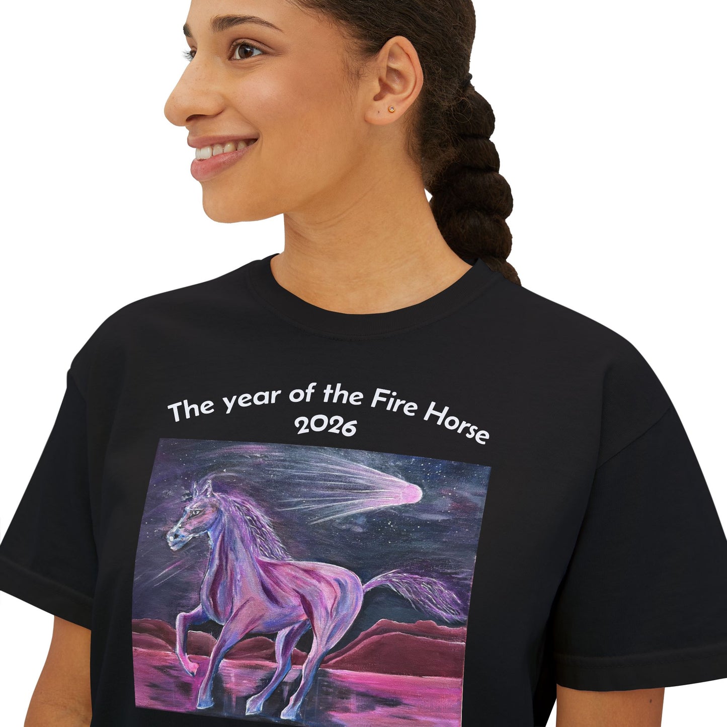 Year of the Fire Horse 2026 Women's Boxy Tee | Cosmic Colorful Fire Horse Design