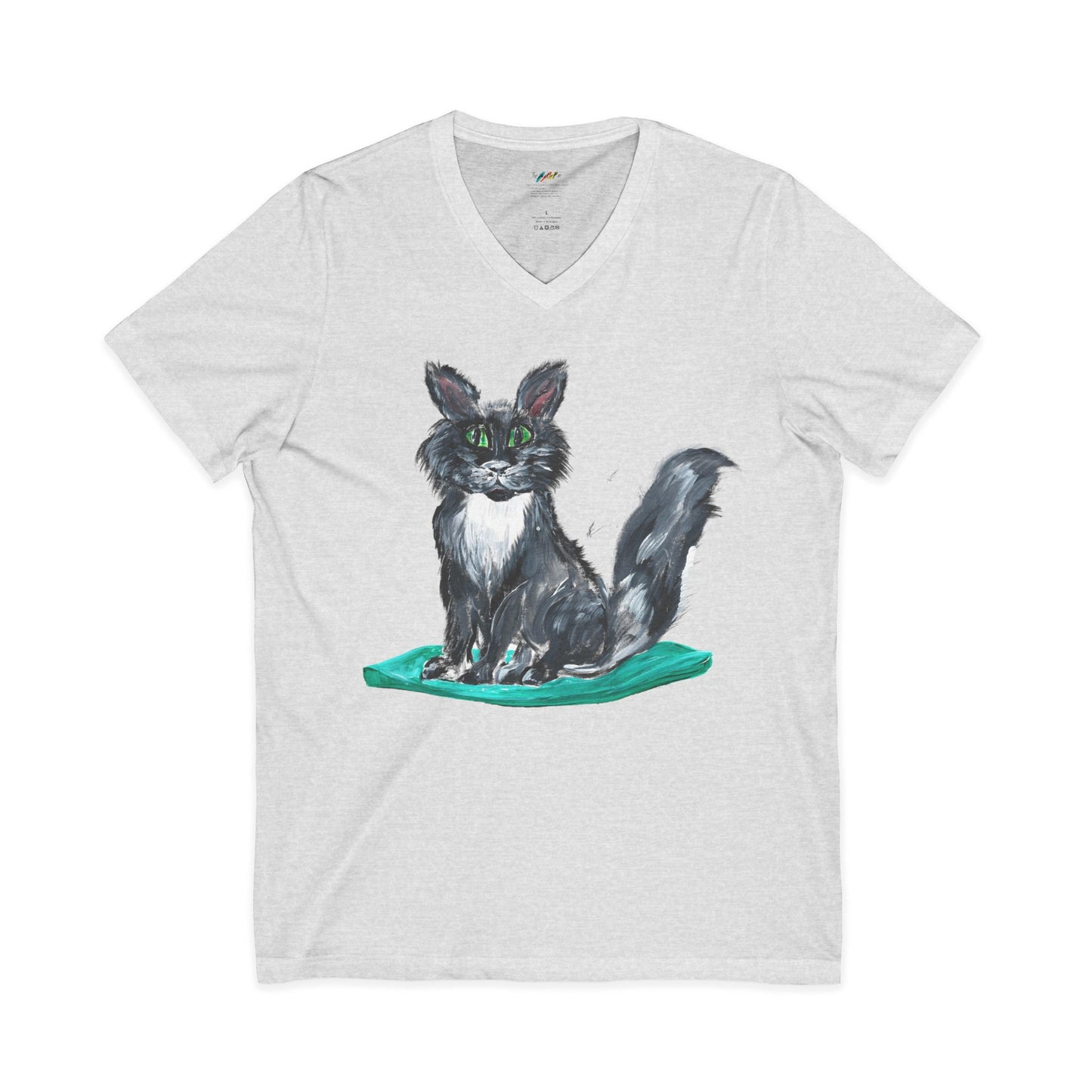 Black and White Kitten Cat Illustration Tee | Hand painted Cat on Green Pillow V-Neck