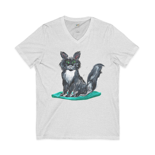 Black and White Kitten Cat Illustration Tee | Hand painted Cat on Green Pillow V-Neck