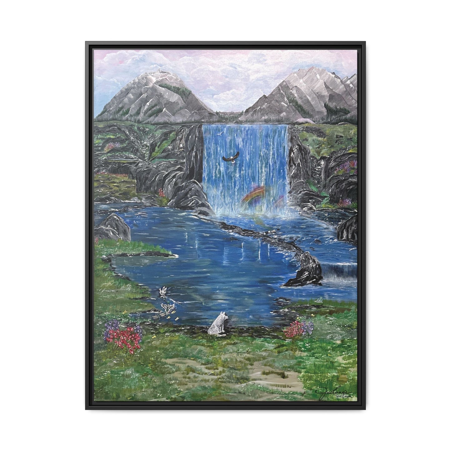 Spirit Under a Pink Sky Wolf Landscape Canvas, Framed Wall Art | Mountain Waterfall