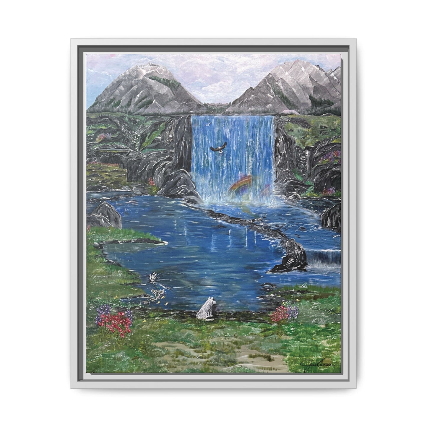 Spirit Under a Pink Sky Wolf Landscape Canvas, Framed Wall Art | Mountain Waterfall
