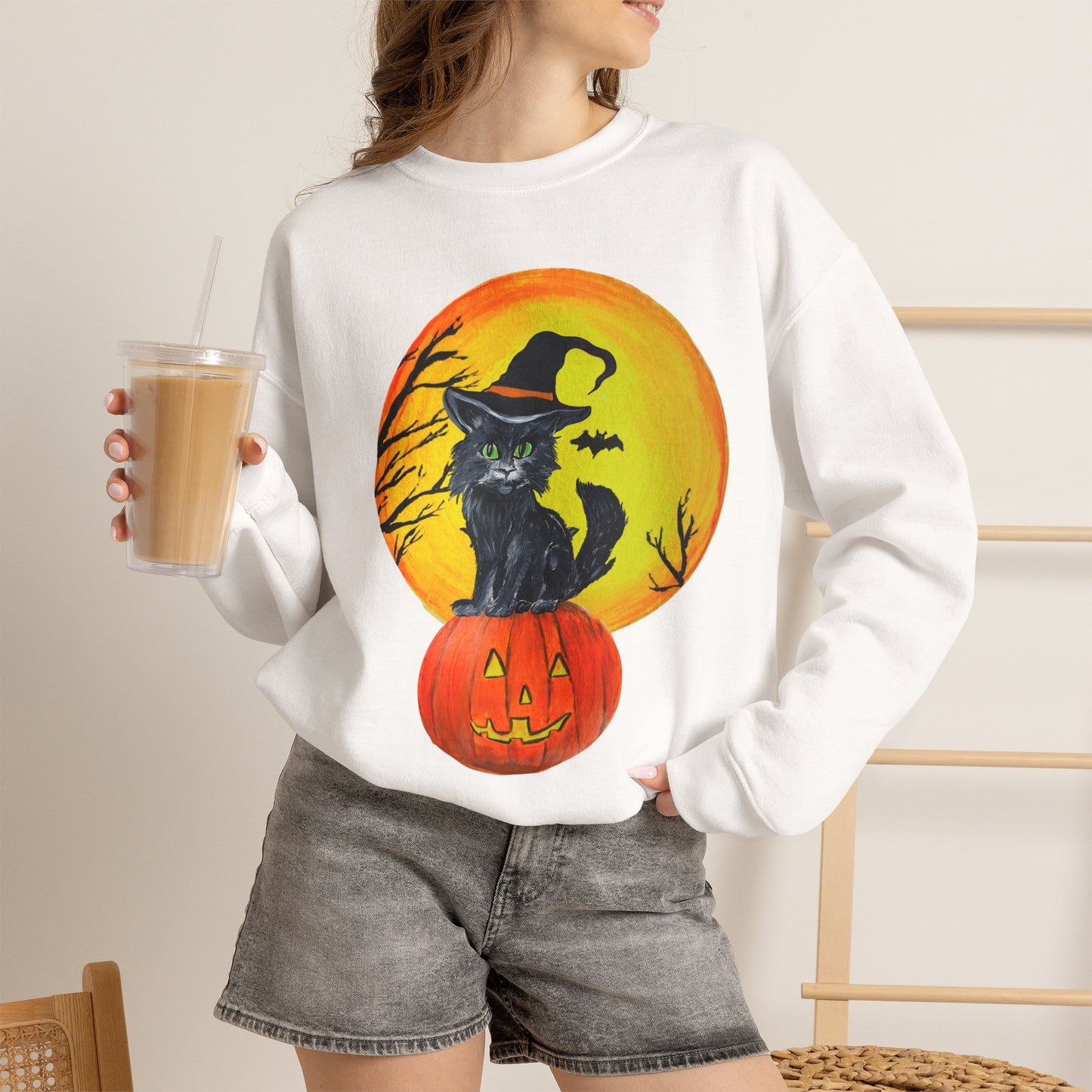Witch Cat on Pumpkin Crewneck Sweatshirt | Halloween Black Cat Moon