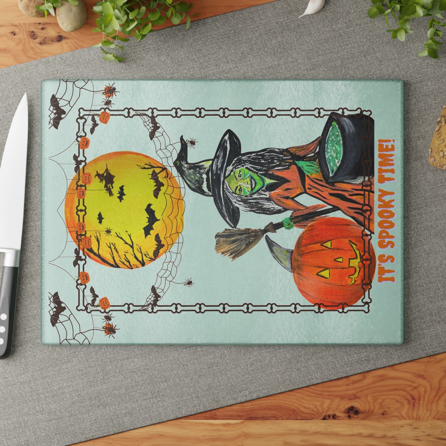 Halloween Glass Cutting Board, Spooky Kitchen Decor, Witch & Pumpkin Design, Holiday Gift, Halloween Party Essentials