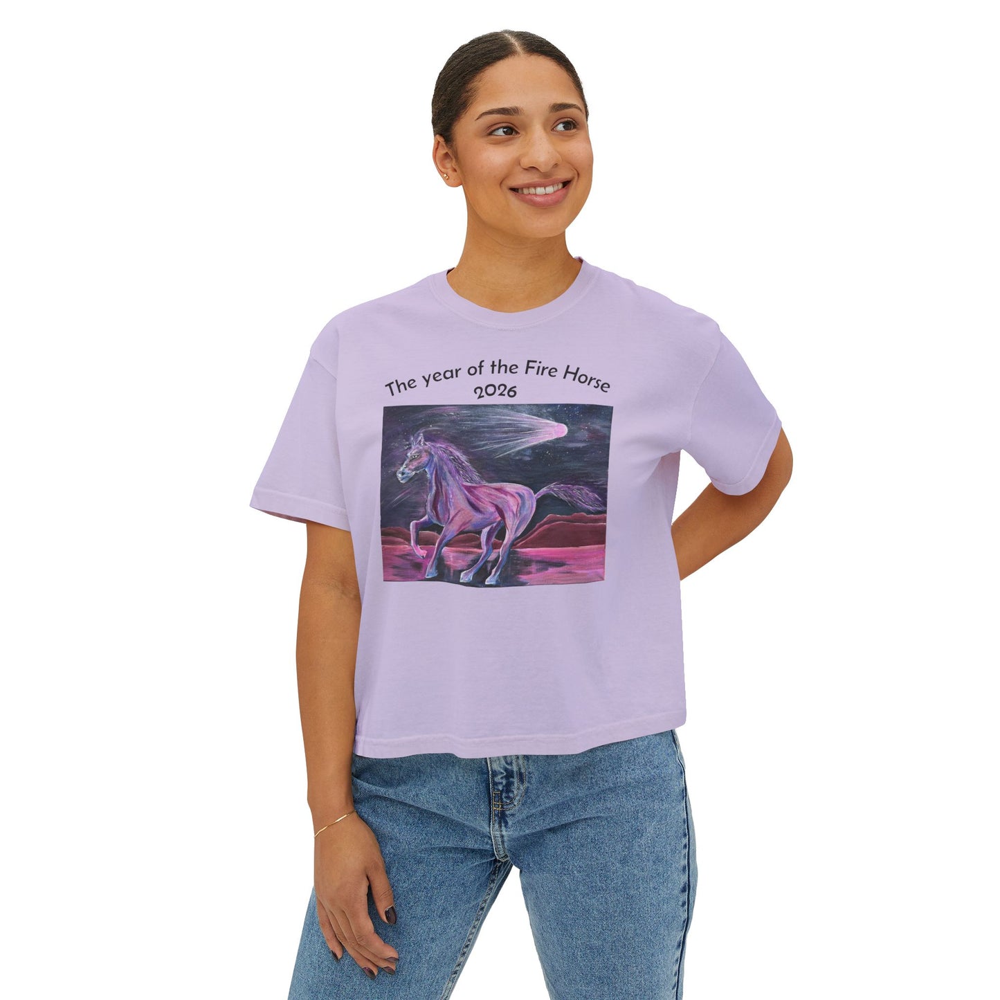Year of the Fire Horse 2026 Women's Boxy Tee | Cosmic Colorful Fire Horse Design
