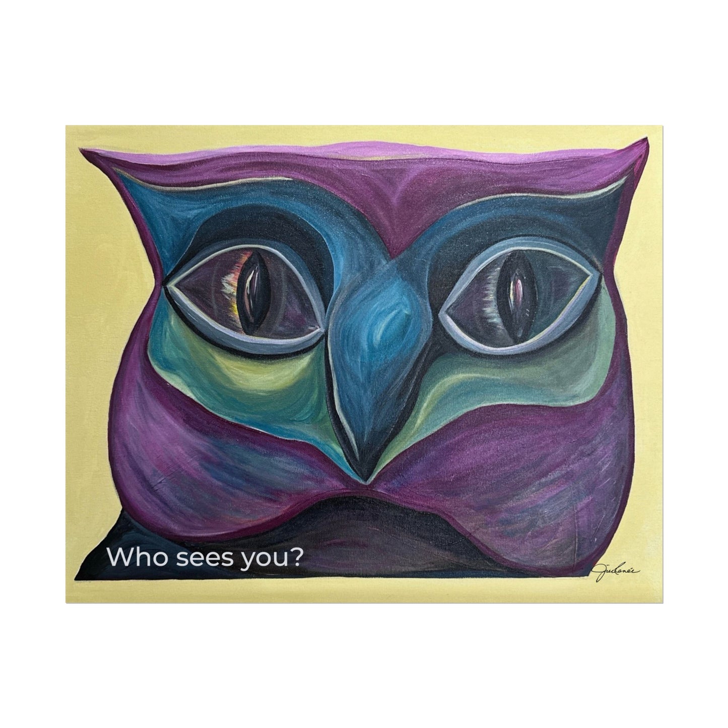 Who Sees You? Owl Face Rolled Poster | Surreal Colorful Catlike Owl Art Print